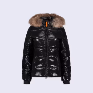 Doudoune glossy cintrée avec capuche en fourrure Olga Bright